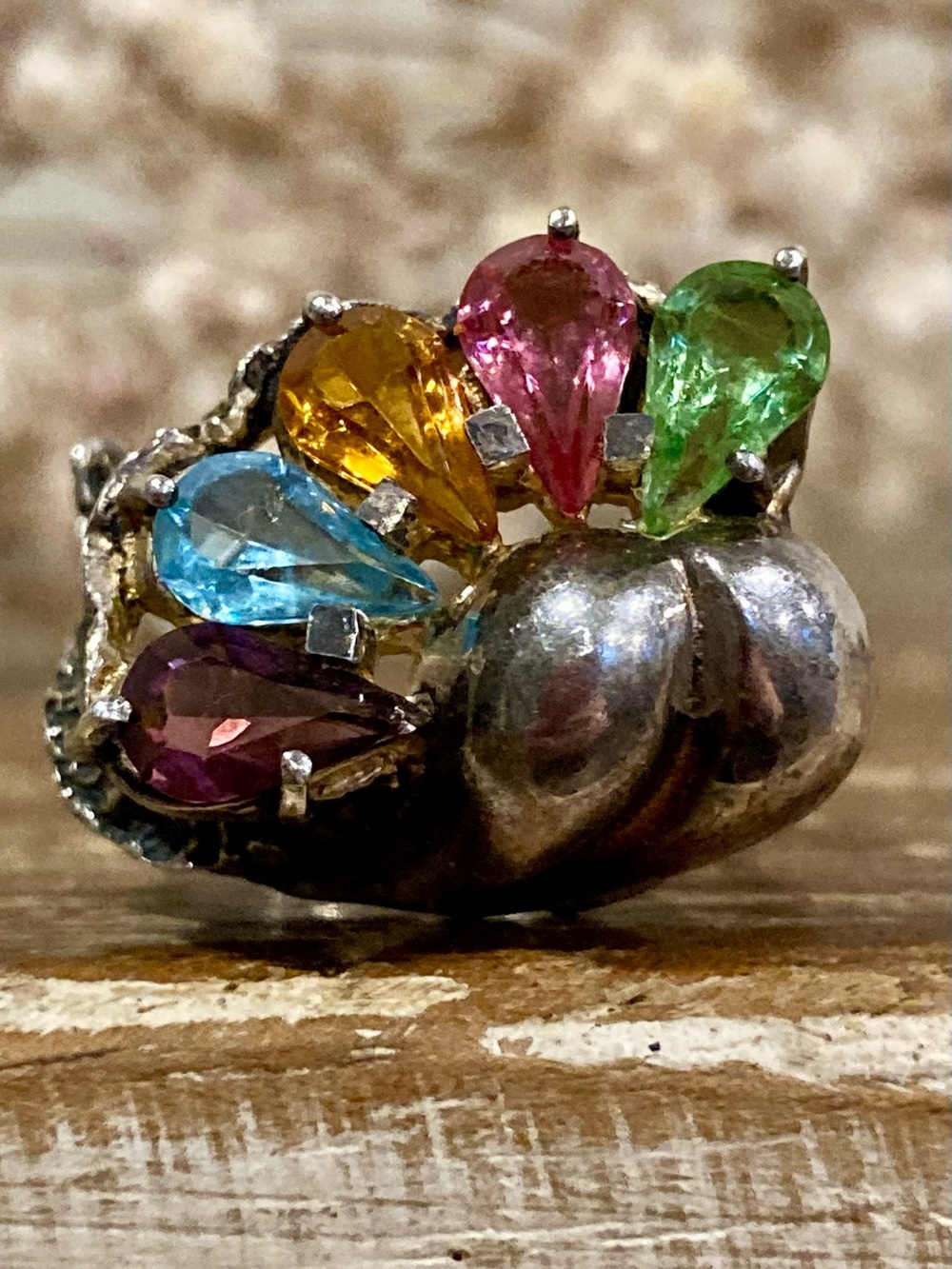 Rainbow Teardrop Gemstone Statement Ring Tree Bark Texture Silver Tone Size 8